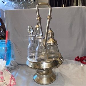 Bx47 5 pc James W Tufts #2928 Antique Castor Cruet Set with (5) frosted bottles